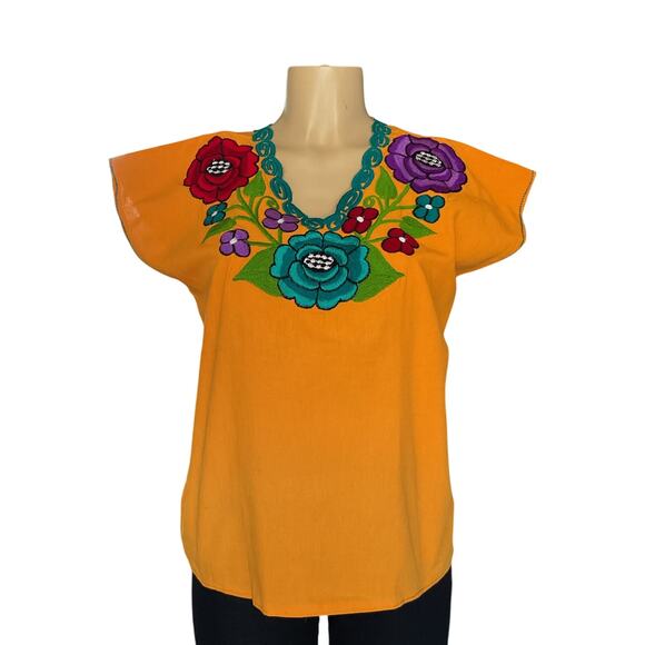 Mexican Blouse Yellow Artisanal Floral Top from Chiapas Embroidered - Picture 1 of 6